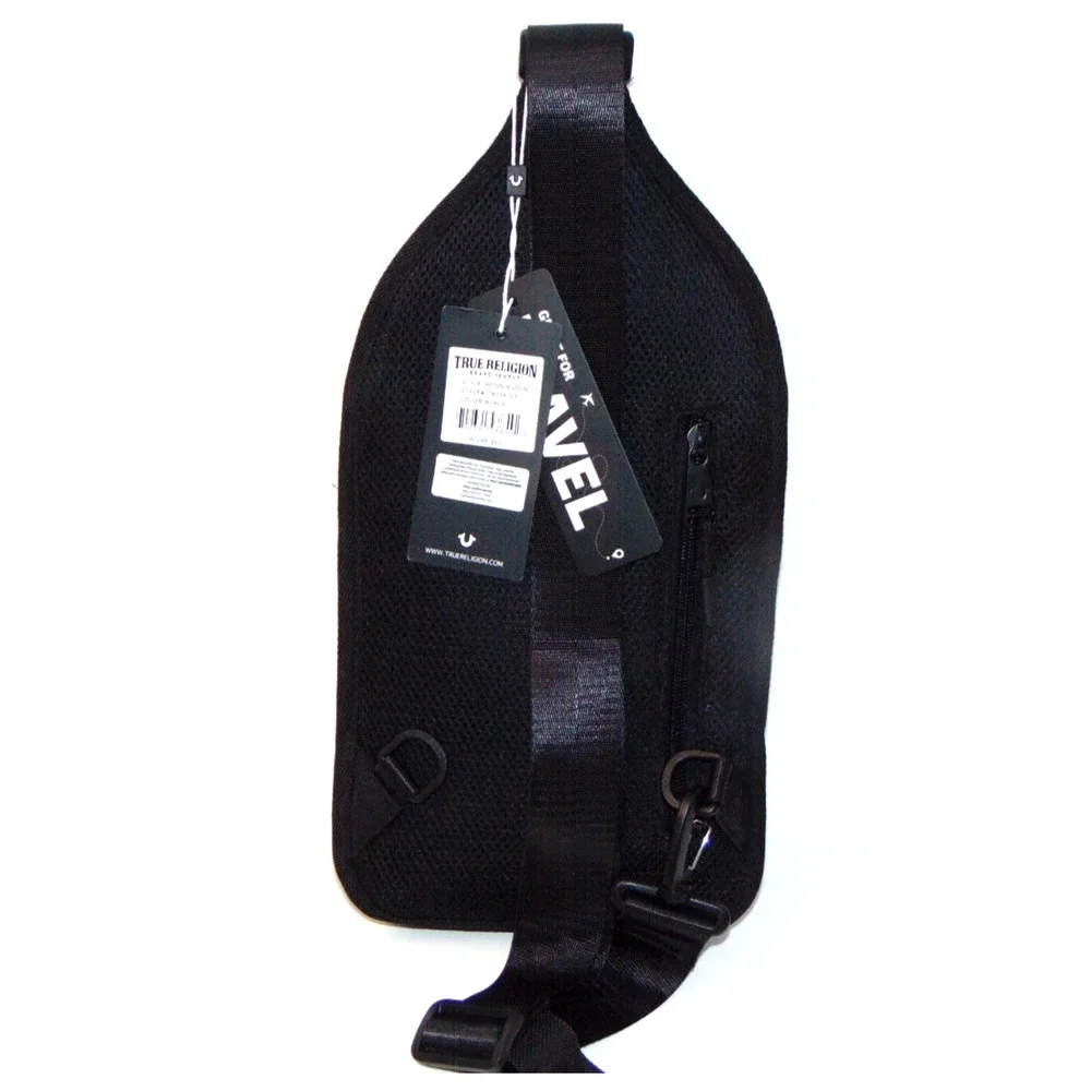 True Religion Wennington Sling Crossbody Black Embossed Logo Buddha Charm NWT
